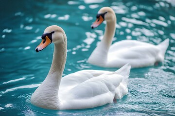 Naklejka premium Two graceful swans swimming together on serene blue water.