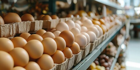 A selection of eggs neatly arranged in a market, representing freshness and choice in cooking.