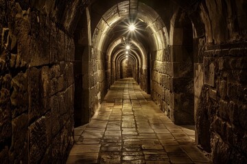 An ancient castle corridor features arched stone walls and a cobblestone floor illuminated by warm lights. The atmosphere is rich with history, inviting exploration and wonder.