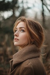 Naklejka premium A close-up portrait of a stunning woman in natural outdoor surroundings.