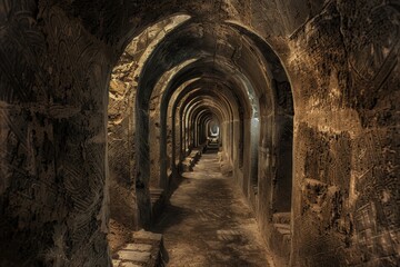 Obraz premium A long, narrow corridor features intricately carved stone walls and arches, leading to a softly illuminated area in a historical underground location.