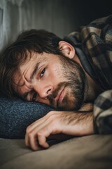 A man rests his head on his arm, lost in a moment of deep thoughts or contemplation.
