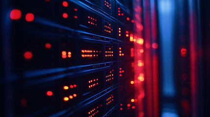 Obraz premium Bright lights illuminate server racks in a data center at night