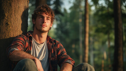 Bearded forestry worker resting against rough pine bark, pausing during woodland logging work, wilderness surrounding