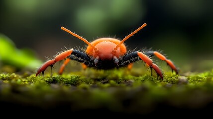 Naklejka premium Extreme close up of a mite s venomous chelicerae releasing distress signals to alert the colony dramatic chiaroscuro macro scientific forest floor setting