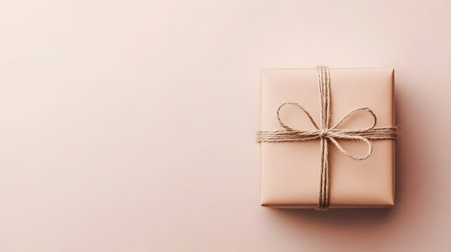 Beautifully Wrapped Gift Box with Bow and String on Neutral Background