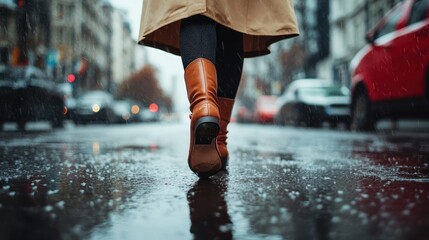 A woman walks elegantly through a rainy urban street, her chic coat creating a soft silhouette amidst reflections of the vibrant city, embodying grace and style in motion.