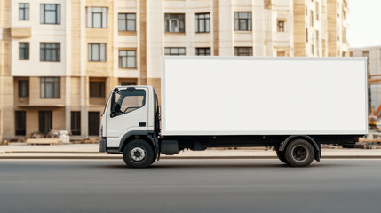 White delivery truck driving near a construction site, blank side panel ideal for advertisement mockups