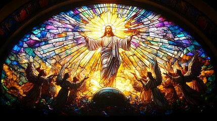 The Resurrection portrayed in stunning stained glass, Jesus standing triumphant above the open tomb, his figure glowing with celestial light,