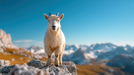Fototapeta premium A whimsical goat stands on a rugged rock, its fluffy coat contrasting with the stunning alpine scenery in the background, representing the beauty of wildlife in nature.