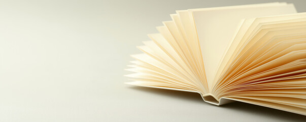 Book pages fanning open artistically, resting on soft gray surface with elegant minimalist styling