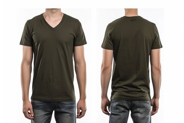 Obraz premium A model showcases a basic olive green v-neck t-shirt from both front and back views in a well-lit studio, emphasizing its simple and casual design for everyday wear.