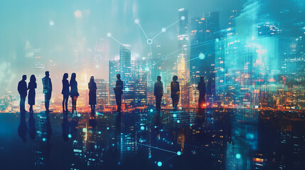 Obraz premium Abstract business team stands on the peak of success amid tall, innovative Smart city and graphs with statistics to analyze business potential and predict future developments in company growth.