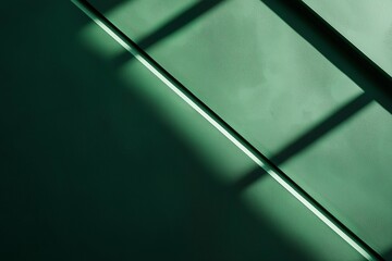 
green background with diagonal lines, a simple and minimalist style, high contrast, geometric shapes, dark tones, shadows on the wall, abstract elements, a cool tone, minimalist design.