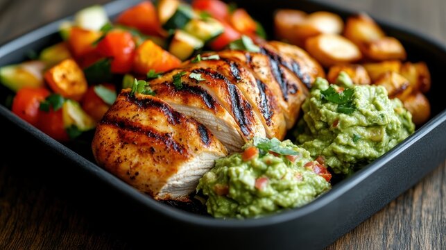 This image showcases grilled chicken accompanied by roasted vegetables and guacamole, emphasizing a healthy lifestyle with a beautiful presentation and vibrant colors in food photography.