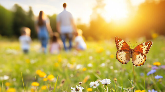 Orange butterfly resting on a flower in a field of wildflowers with a blurred family enjoying a picnic in the background in bright summer sunlight