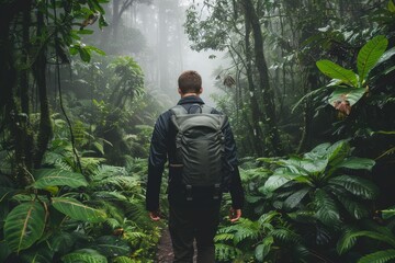 A hiker ventures into a lush, fog-covered rainforest, surrounded by vibrant greenery and towering trees, embracing the tranquil atmosphere of nature.