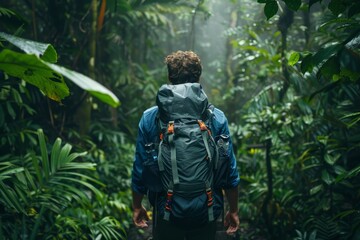 Obraz premium A person walks along a narrow trail in a dense rainforest, with a large backpack. Lush greenery and mist create a serene atmosphere in the early morning.