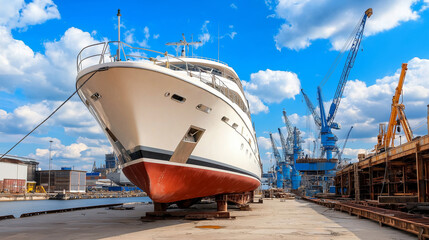 Luxury yacht undergoing maintenance at a shipyard, highlighting the industrial processes involved in boat repair and showcasing the scale of these vessels