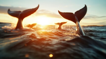 A marvelous capture of orca tails splashing joyfully into the air, framed by the dazzling sunset and shimmering ocean, symbolizing freedom and playful spirit in nature.