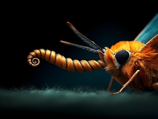 Naklejka premium Extreme close up of a moth s slender spiraled proboscis sampling the air for traces of alarm pheromones prompting the insect to rapidly take flight and escape