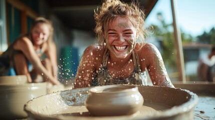 A joyful pottery class featuring a young artist covered in clay, laughing and having fun while shaping a bowl, showing the joy of hands-on artistry in a creative environment.