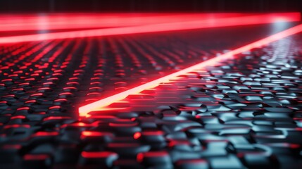 Obraz premium Red neon lights are illuminating a dark metallic surface with a futuristic pattern, creating a vibrant and technological background suitable for wallpapers