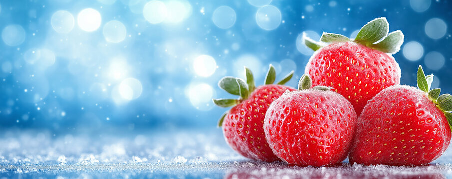 Fresh strawberries glistening with frost and ice crystals, set against a vibrant blue sparkling background, evoke a chilly winter delight