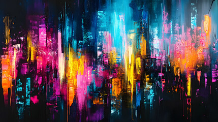 Multi-textured brushstrokes illuminated with neon tones, abstract colorful background