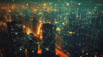 Abstract business team stands on the peak of success amid tall, innovative Smart city and graphs with statistics to analyze business potential and predict future developments in company growth.