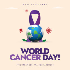 World Cancer Day. 2nd February Cancer Day post with purple ribbon and earth globe with cancer cells. Cancer awareness social media post.