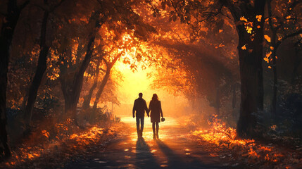 Fototapeta premium Romantic Couple Walking Hand-in-Hand on a Sunlit Path