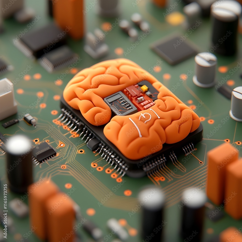 Poster cutting edge neuroscience research center showcases futuristic brain computer interface prototypes f