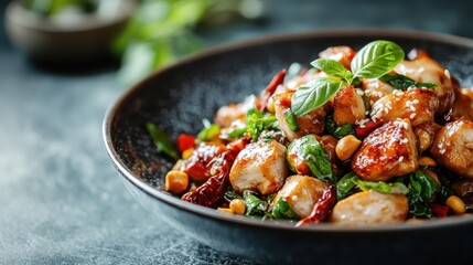 A dish of stir-fried chicken and nuts, enhanced with fresh herbs, creating an enticing visual presentation that captures the essence of flavor, freshness, and culinary artistry.