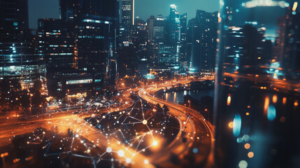 Fototapeta premium Abstract business team stands on the peak of success amid tall, innovative Smart city and graphs with statistics to analyze business potential and predict future developments in company growth.