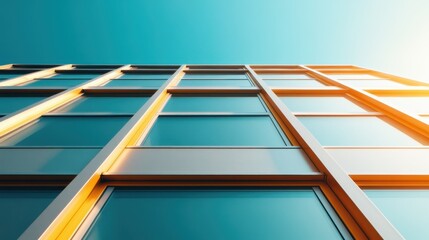 Obraz premium The vibrant facade of a contemporary glass building glistens under a clear sky, reflecting light and emphasizing modern architecture's elegance and innovation aesthetic.