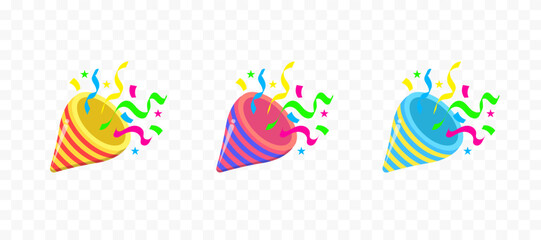 Obraz premium Set of Exploding Party Poppers with Colorful Confetti Isolated on Transparent Background. Perfect for Happy Birthday, New Year, and Celebration