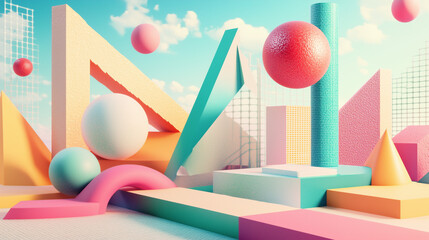 Abstract Geometric Shapes: A playful and vibrant 3D rendering, featuring a collection of colorful geometric shapes suspended in a surreal landscape, creating a dynamic and imaginative composition.  
