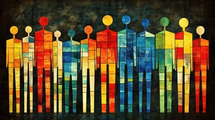 Colorful abstract figures stand together, symbolizing diversity and togetherness in a harmonious display