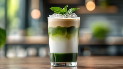 An appetizing layered iced drink showcasing vibrant colors and textures, garnished with fresh mint leaves, perfect for cooling off on a hot day and enjoying a moment of indulgence.