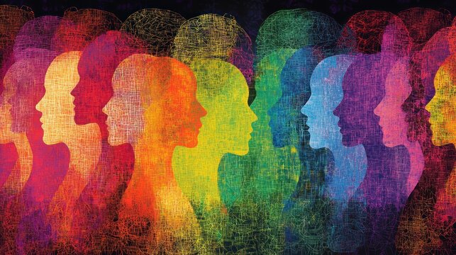 Multiple colorful silhouettes illustrate the concepts of diversity and unity in a vibrant arrangement