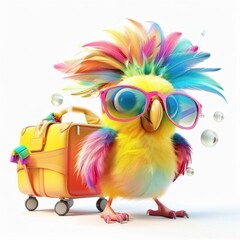 Naklejka premium Colorful parrot wearing sunglasses stands beside a travel suitcase with vibrant feathers