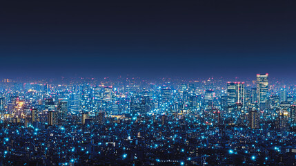 Obraz premium Abstract business team stands on the peak of success amid tall, innovative Smart city and graphs with statistics to analyze business potential and predict future developments in company growth.