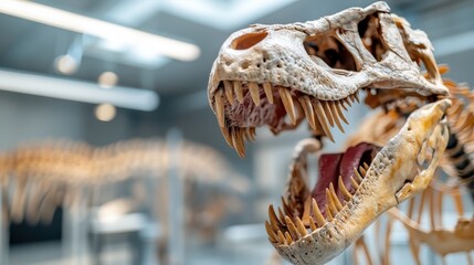 The highlighted T-Rex jaw on display draws viewers in, showcasing the long teeth and robust structure, inviting admiration and curiosity about its past.