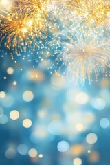 Festive blue background with fireworks, lights, and golden bokeh, sparkling particles in a cheerful atmosphere.