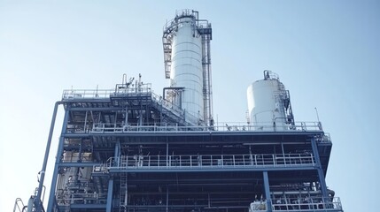 Fototapeta premium Large industrial site features prominent smokestacks and structural frameworks reaching skyward