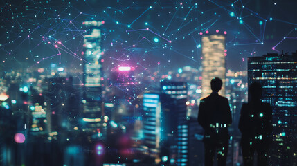 Abstract business team stands on the peak of success amid tall, innovative Smart city and graphs with statistics to analyze business potential and predict future developments in company growth.