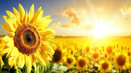 Obraz premium Bright yellow sunflowers stand tall as the sun sets, filling the field with warmth and beauty