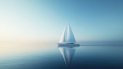 Obraz premium Solitary sailboat on calm ocean at sunrise, reflecting on tranquil water.