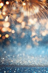 Fototapeta premium Festive blue background with fireworks, lights, and golden bokeh, sparkling particles in a cheerful atmosphere.